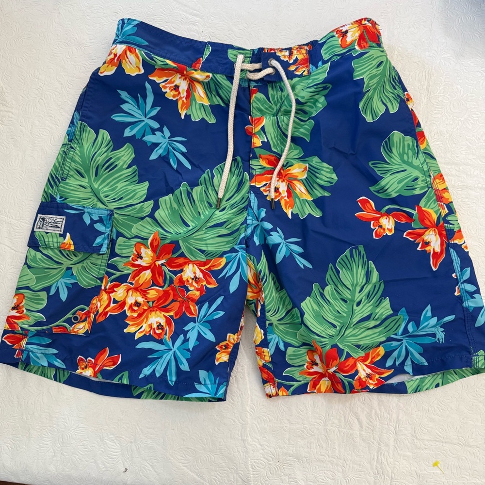 Men's Blue Floral Swim Shorts Size M Ralph Lauren Mesh Insert Tropical Pocket